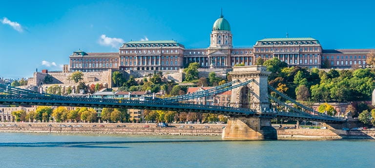 A view across the Danube River to Buda Castle and the Chain Bridge, Budapest